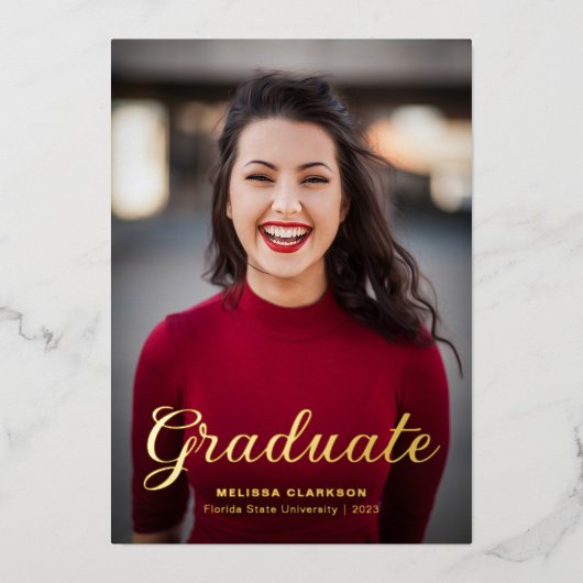 Formal Elegant Gold Script Photo Graduation 箔招待状 (正面)