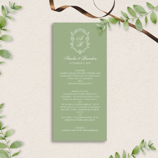 Formal Elegant Sage Green Monogram Crest Wedding メニュー