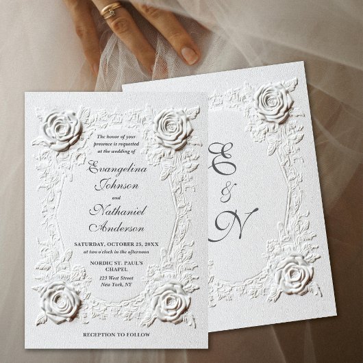 Formal Elegant Script Faux Embossed Roses Wedding 招待状