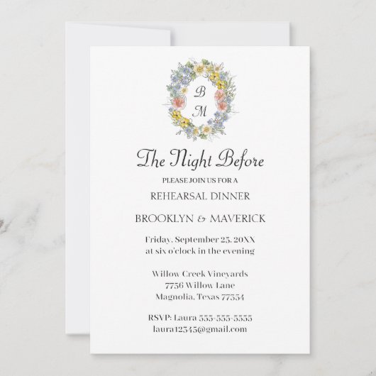 Formal Floral Crest Monogram Rehearsal Dinner 招待状 (正面)