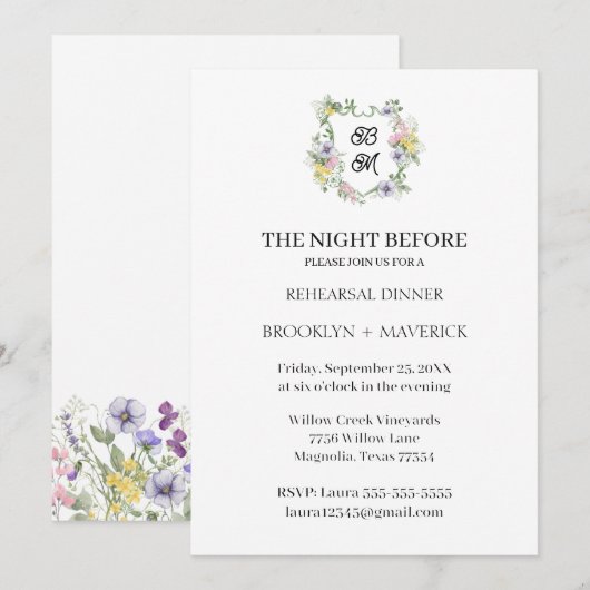 Formal Floral Monogram Crest Wedding 招待状 (正面/裏面)