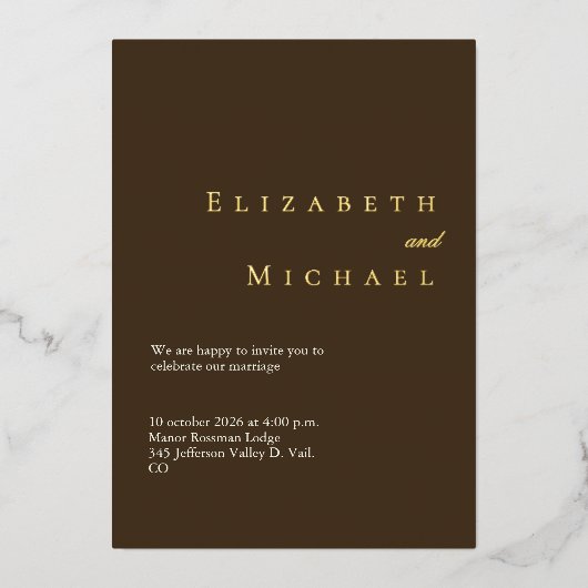 Formal Gold Coffee Brown Luxury Minimalist Wedding 箔招待状 (正面)