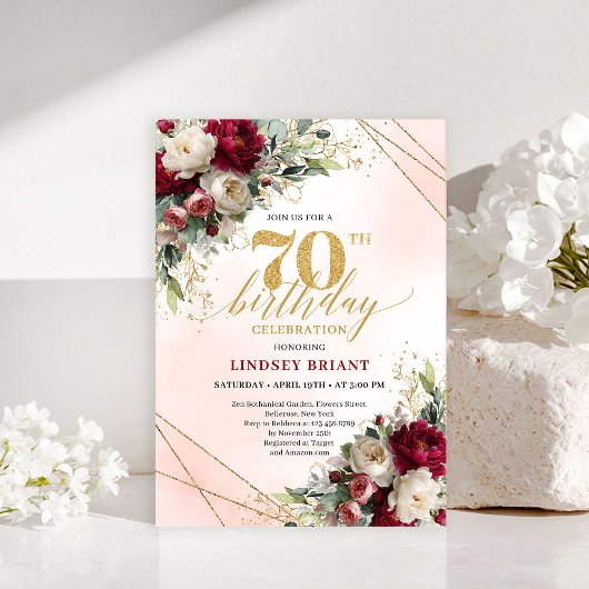 Formal Gold Floral Seventieth Birthday Invitation 招待状