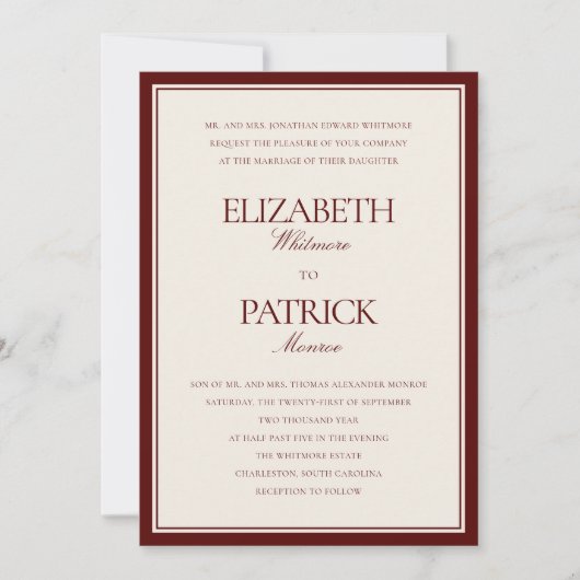 Formal Modern Classic Deep Burgundy Estate Wedding 招待状 (正面)