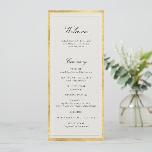 Formal Modern Classic Ecru Gold Wedding Program (スタンド正面)
