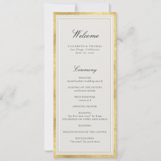 Formal Modern Classic Ecru Gold Wedding Program (正面)