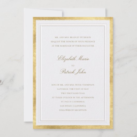 Formal Modern Classic Elevated Gold Pearl Wedding 招待状 (正面)