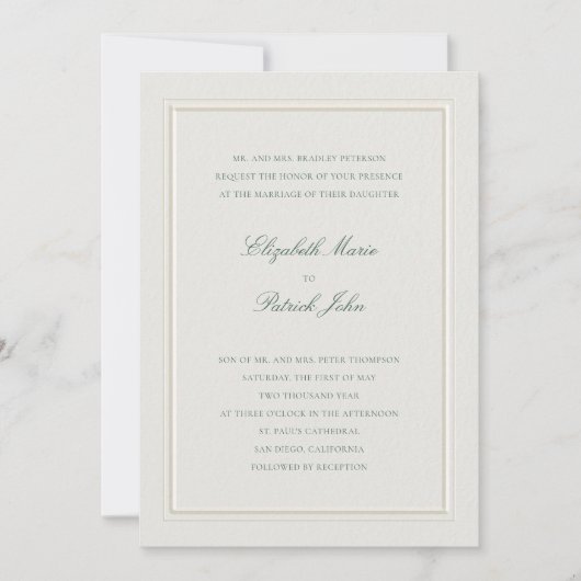 Formal Modern Classic Elevated Green Ecru Wedding 招待状 (正面)