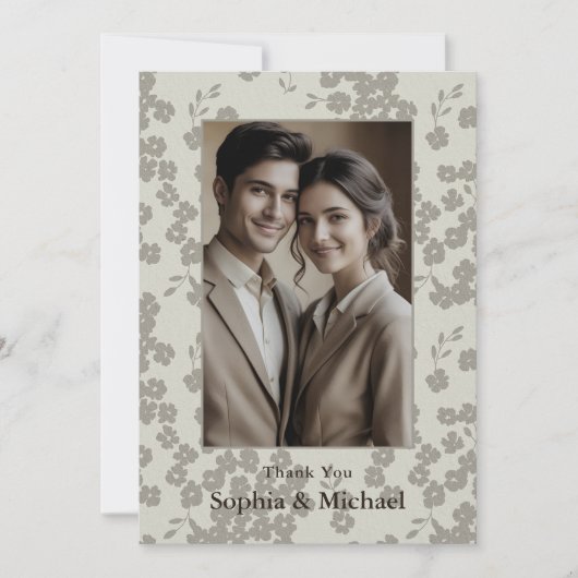 Formal Modern Floral Wedding Thank You Card Gray サンキューカード (正面)