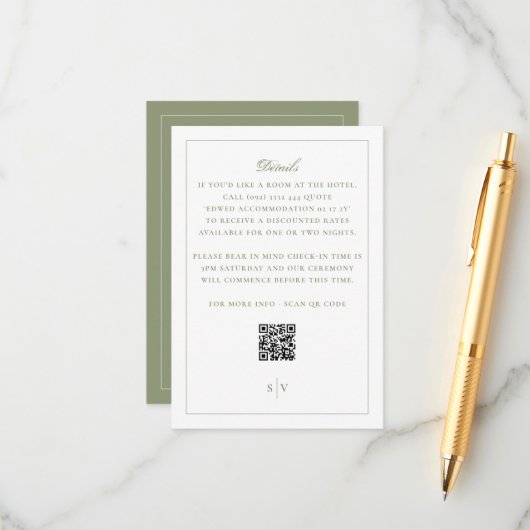Formal Moss Green QR Code Wedding エンクロージャーカード (正面/裏面インサイチュ)