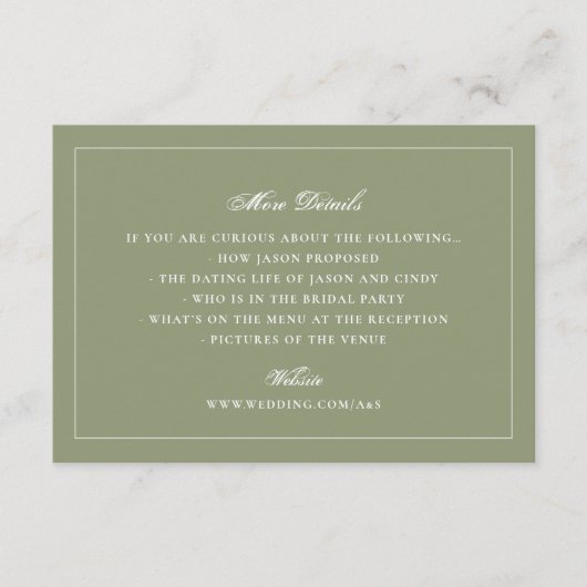 Formal Moss Green Wedding Website Details エンクロージャーカード (正面)