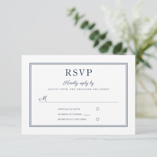 Formal Navy Blue Script Wedding RSVP Card (スタンド正面)
