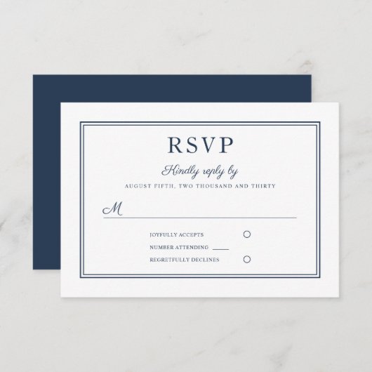 Formal Navy Blue Script Wedding RSVP Card (正面/裏面)