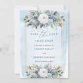 Formal Pastel Blue White Gold Floral Save The Date 招待状 (正面)