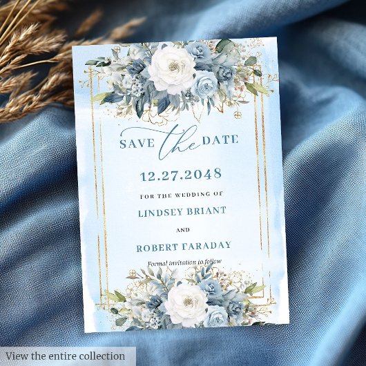 Formal Pastel Blue White Gold Floral Save The Date 招待状