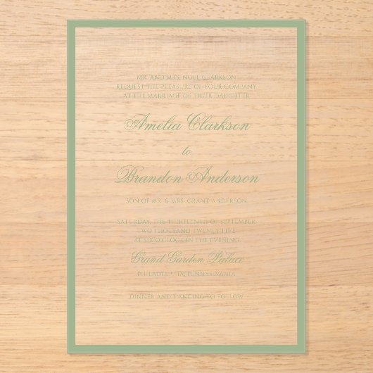 Formal Real Sage Green Border & Script Wedding アクリル招待状 (正面)