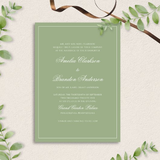 Formal Real Sage Green Border Script Wedding 招待状