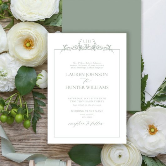 Formal Sage Green Floral Border Monogram Wedding 招待状