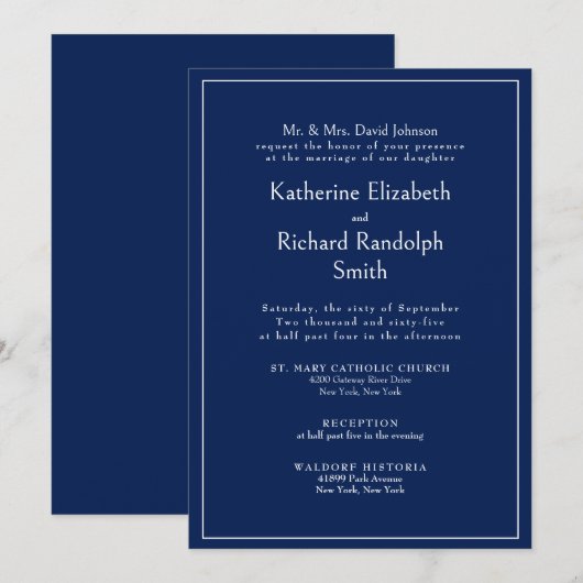 Formal Sapphire Blue Wedding Bride Parents  招待状 (正面/裏面)