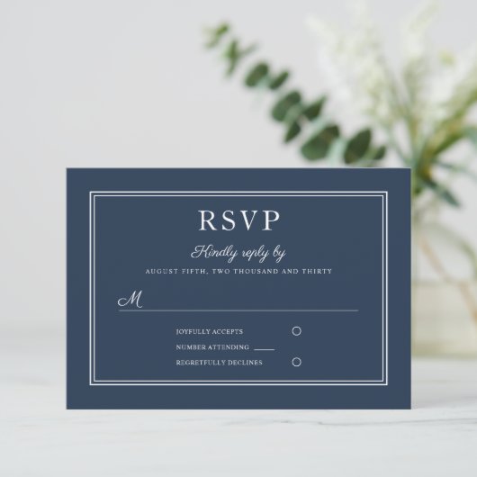Formal Script Navy Blue Wedding RSVP Card (スタンド正面)