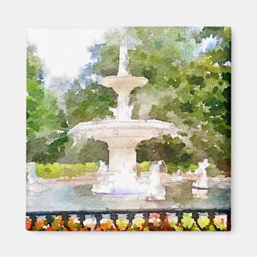 Forsyth Fountain in Savannah GA水彩プリント マグネット (正面)