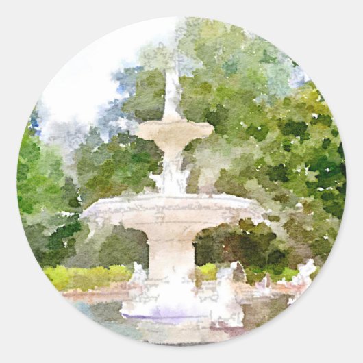 Forsyth Fountain in Savannah GA水彩プリント ラウンドシール (正面)