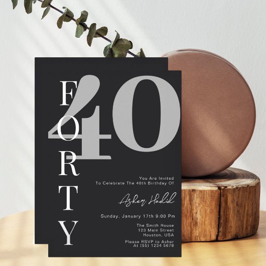 Forty | モダンシルバー&ホワイト40歳の誕生日パーティー 箔招待状