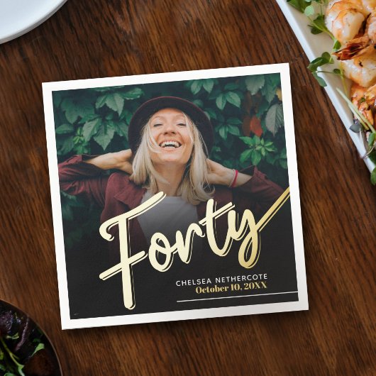 Forty 40th Birthday custom photo script gold スタンダードカクテルナプキン