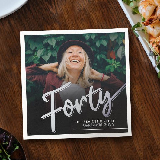 Forty 40th Birthday custom photo script silver スタンダードカクテルナプキン