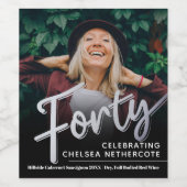 Forty 40th Birthday photo script silver black ワインラベル (シングルラベル)