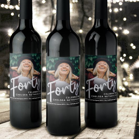 Forty 40th Birthday photo script silver black ワインラベル