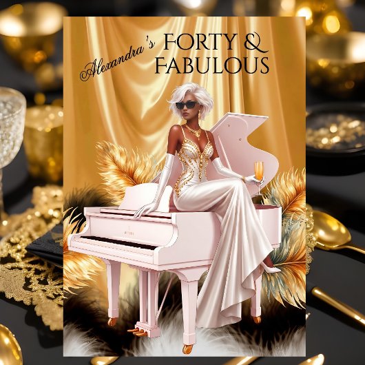 Forty Fabulous Elegant Birthday Gold White Piano 招待状