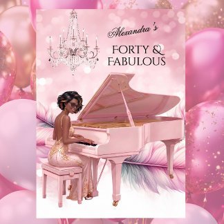 Forty Fabulous Elegant Birthday Pink White Piano  招待状