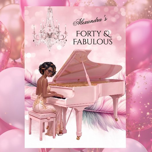 Forty Fabulous Elegant Birthday Pink White Piano  招待状