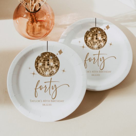 Forty Gold Disco Ball 40th Birthday Party ペーパープレート