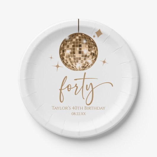 Forty Gold Disco Ball 40th Birthday Party ペーパープレート (正面)
