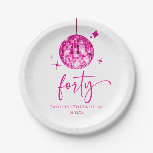 Forty Pink Disco Ball 40th Birthday Party ペーパープレート (正面)