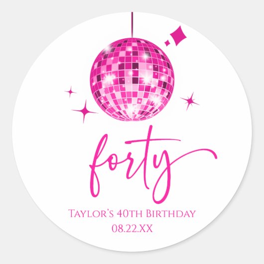Forty Pink Disco Ball 40th Birthday Party ラウンドシール (正面)