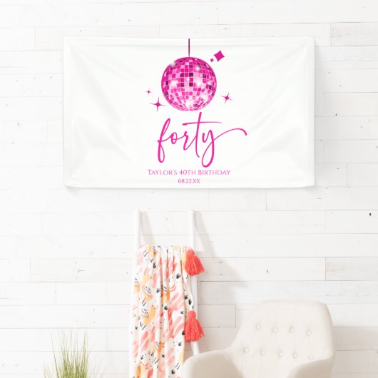 Forty Pink Disco Ball 40th Birthday Party 横断幕 (インサイチュ)