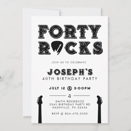 Forty Rocks Guitar Pick 40th Birthday Party 招待状 (正面)