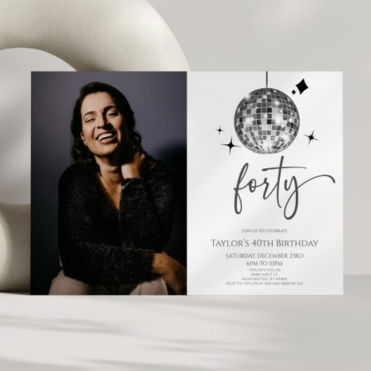 Forty Silver Disco Ball Photo 40th Birthday Party 招待状