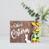 Foto Frohe Ostern mit Tulpen und Hase ポストカード (スタンド正面)
