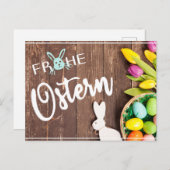 Foto Frohe Ostern mit Tulpen und Hase ポストカード (正面/裏面)