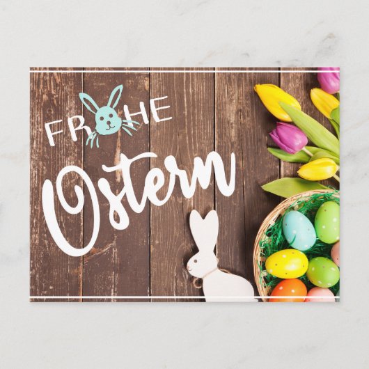 Foto Frohe Ostern mit Tulpen und Hase ポストカード (正面)