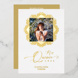 Foto Quinceañera Español Efecto Encaje Dorado 箔招待状