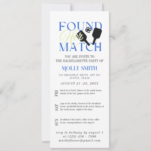 Found Her Match Pickleball Bachelorette Itinerary 招待状 (正面)