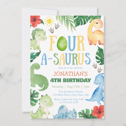 Four A-Saurus Dino 4th Birthday 招待状 (正面)