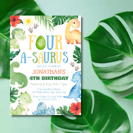 Four A-Saurus Dino 4th Birthday 招待状
