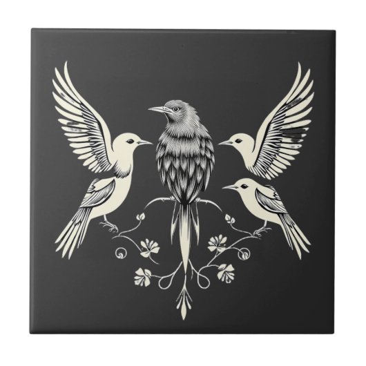Four Birds on a Branch Illustration タイル (正面)