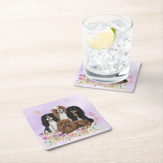 Four Cavalier King Charles Spaniels in Flowers スクエアペーパーコースター (インサイチュ)